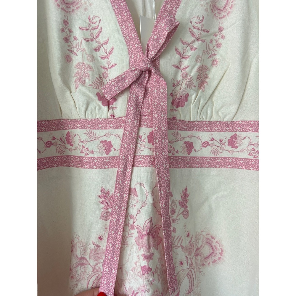 Caroline Constas Pink Toile Floral Linen Blend Mini Tie Front Puff Sleeve M - Picture 3 of 5